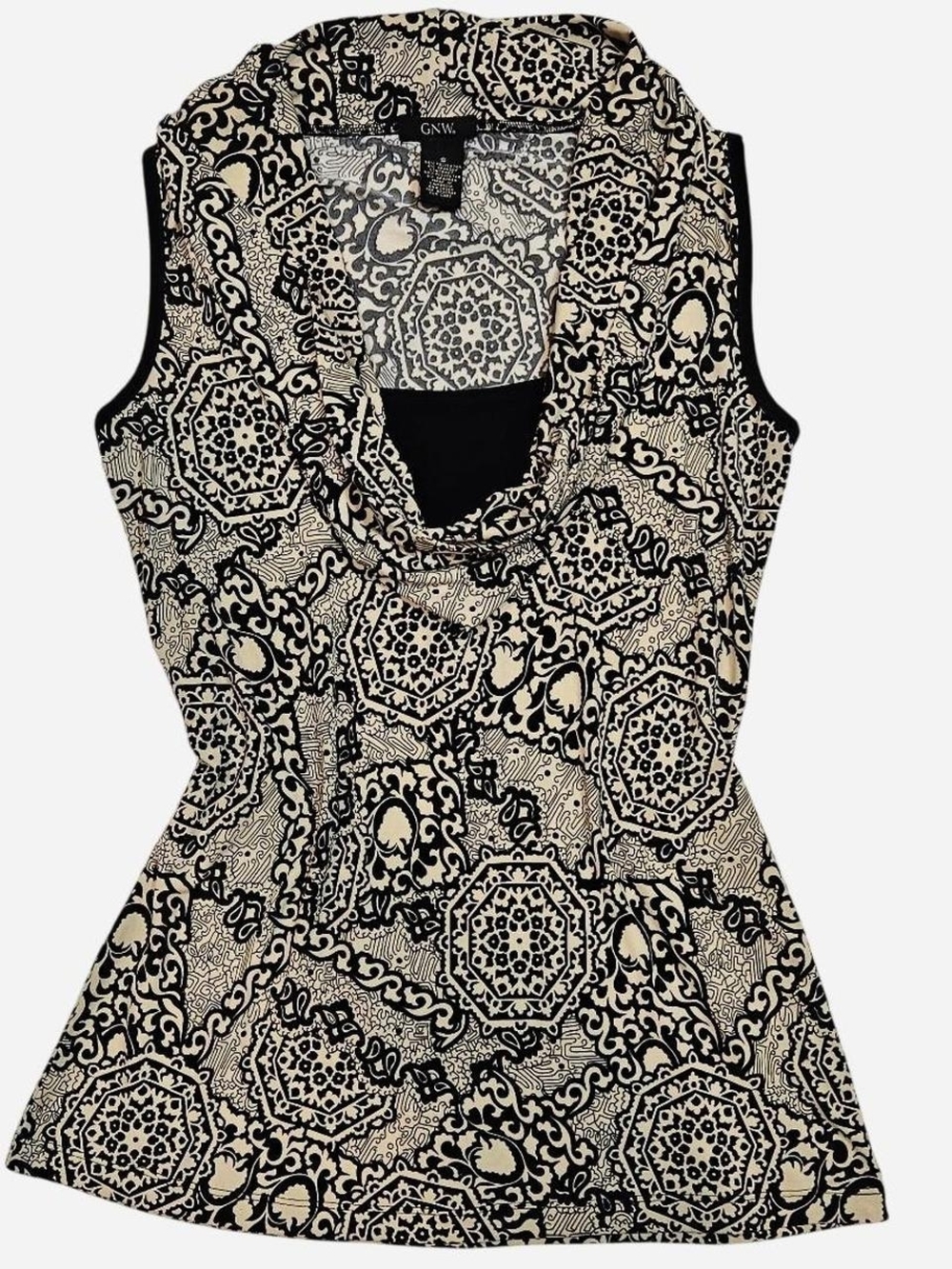 Y2K GNW Black & Cream Printed Sleeveless Cowl Neck Top S/M